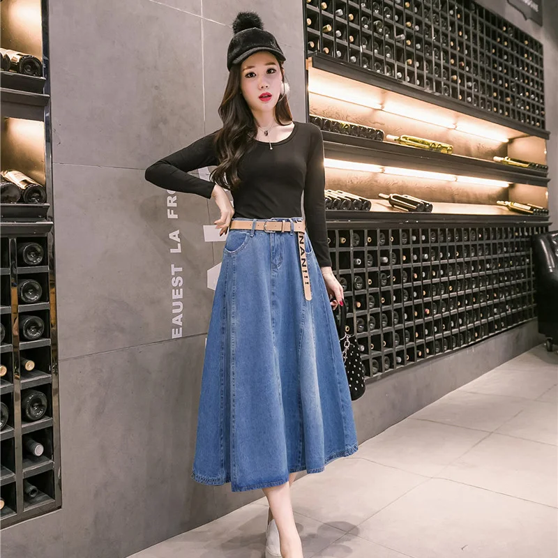 

Women High Waist Large Swing Vintage Pockets A-line Jean Skirts Spring Sweet Korean Style All-match Slim Midi Long Denim Skirt