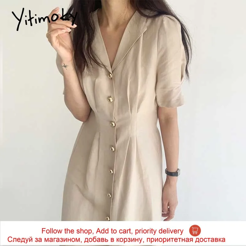 

Yitimoky Vintage Women Dresses Notched 2021 Summer New Ruched Single Breasted Puff Sleeve Elegant Office Out Wear Long Dress