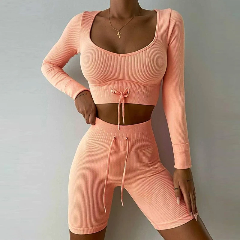 

Seamless yoga set women two piece crop top long sleeve shorts sport suit workout out fitness female sport suit gym wear