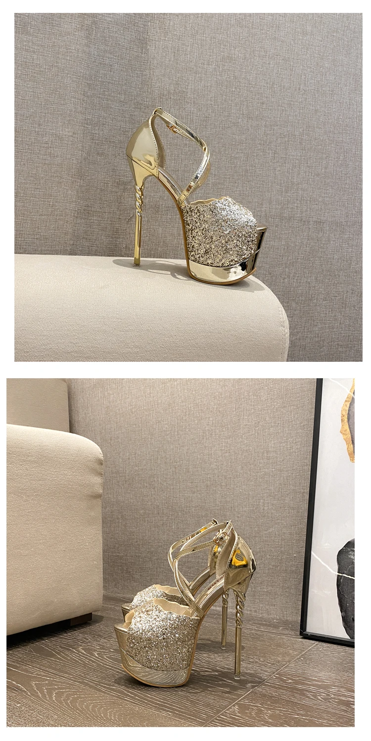 

16cm High Heels Sexy Nightclub Glitter Gold Sandals Women Summer Ladies Sandals