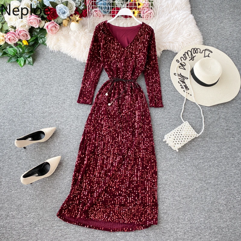 Элегантное Длинное Платье с v-образным вырезом и блестками ТРАПЕЦИЕВИДНОЕ ПЛАТЬЕ