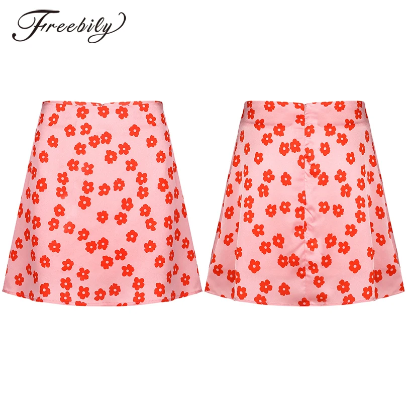 

Women Summer Skirts Sweet Cute Girls Korean Floral Print High Waist Short Skirt Student Satin Miniskirt With Lining Beach Wear