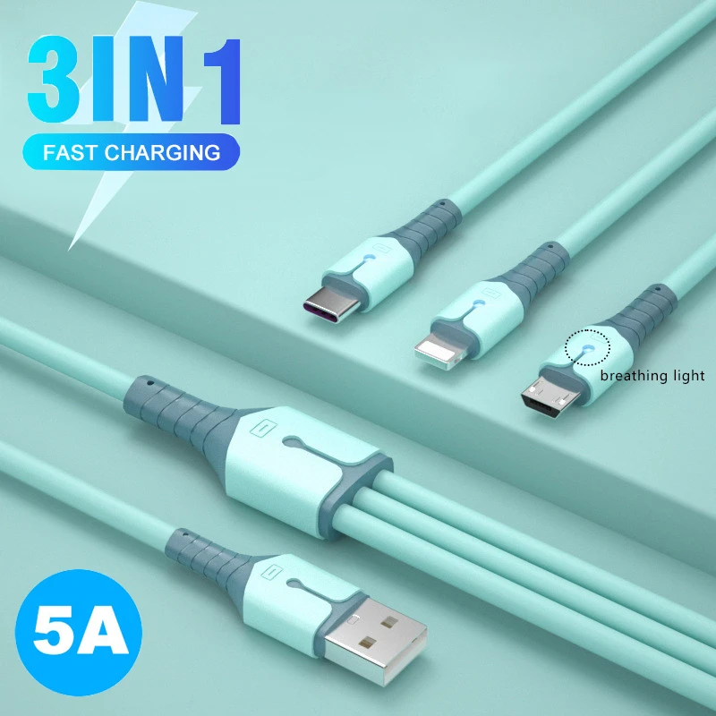 

3 in 1 USB Data Cable 5A Liquid Silicone Cable For Huawei Micro USB Type C USB Charging Cable For iPhone 12 11 With Breath Light