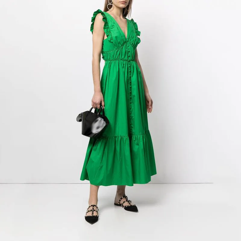 

Bohemia pure color 2021 new summer dresses v-neck falbala splicing lace-up back long skirt