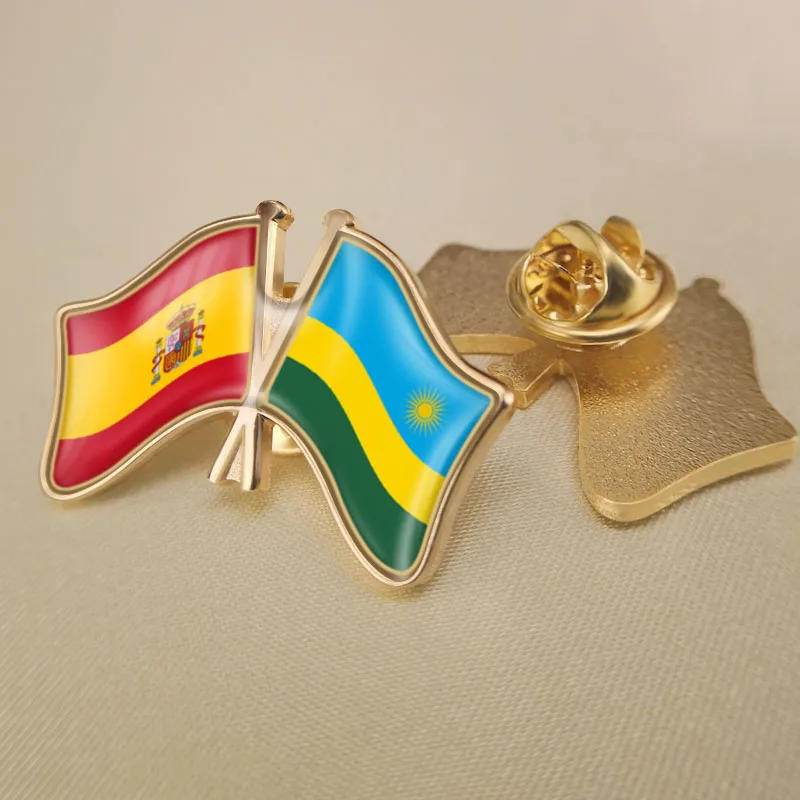 

Spain and Rwanda Crossed Double Friendship Flags Lapel Pins Brooch Badges