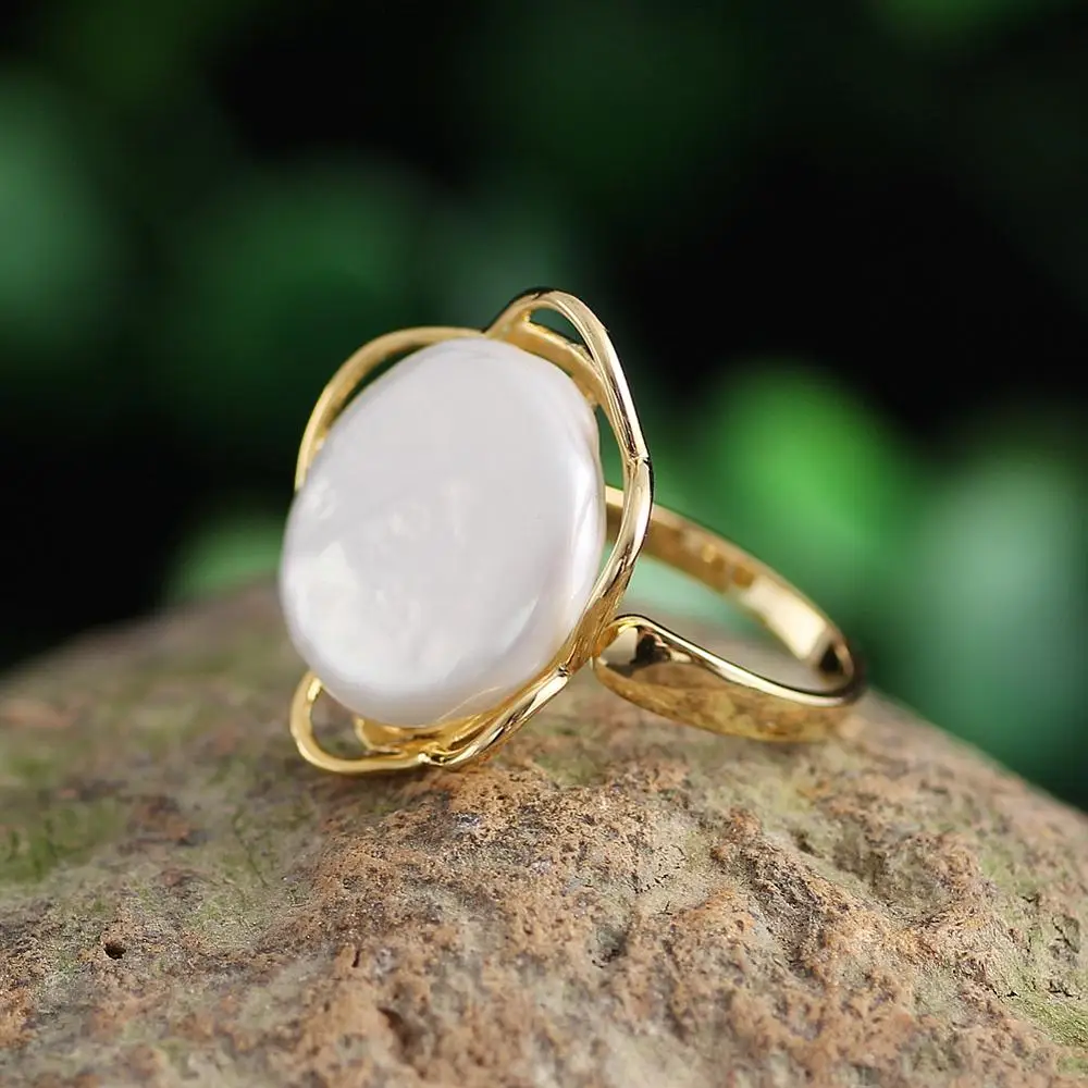 

Real Baroque Freshwater Pearl Ring for Women Party 16-18mm Irregular Big White Pearl Gold Color Rings Fine Jewelry Gift