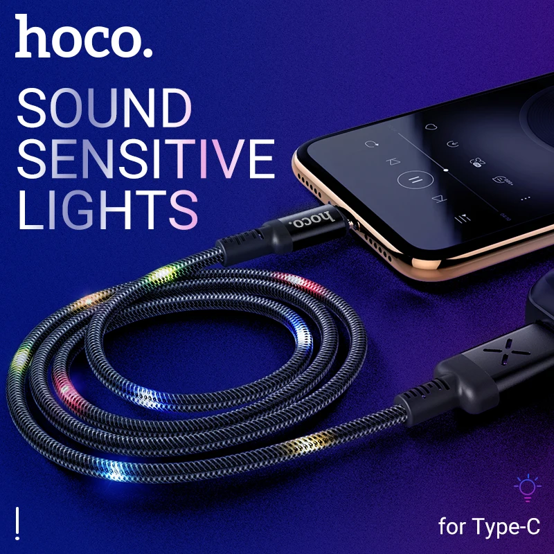 hoco зарядный кабель для type c передача данных тип с цветная подсветка управление