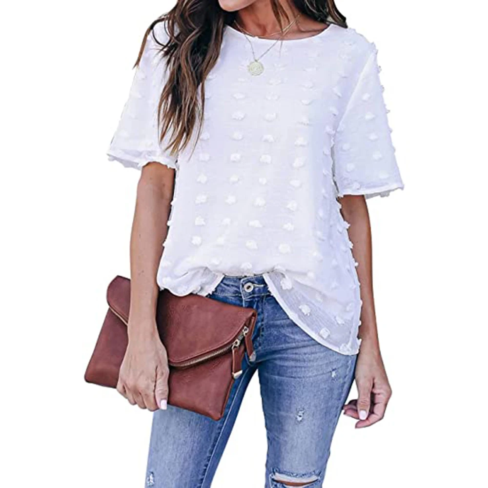 

Women o-neck Chiffon White Blouse Summer Casual Top Short Sleeve Pom Pom Shirts Top blusas mujer de moda Womens Solid Blouse
