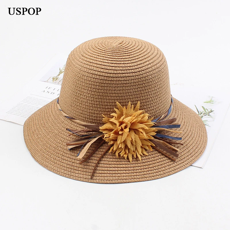 Шляпка от солнца USPOP с широкими полями женская Соломенная Панама цветами лето 2020 |