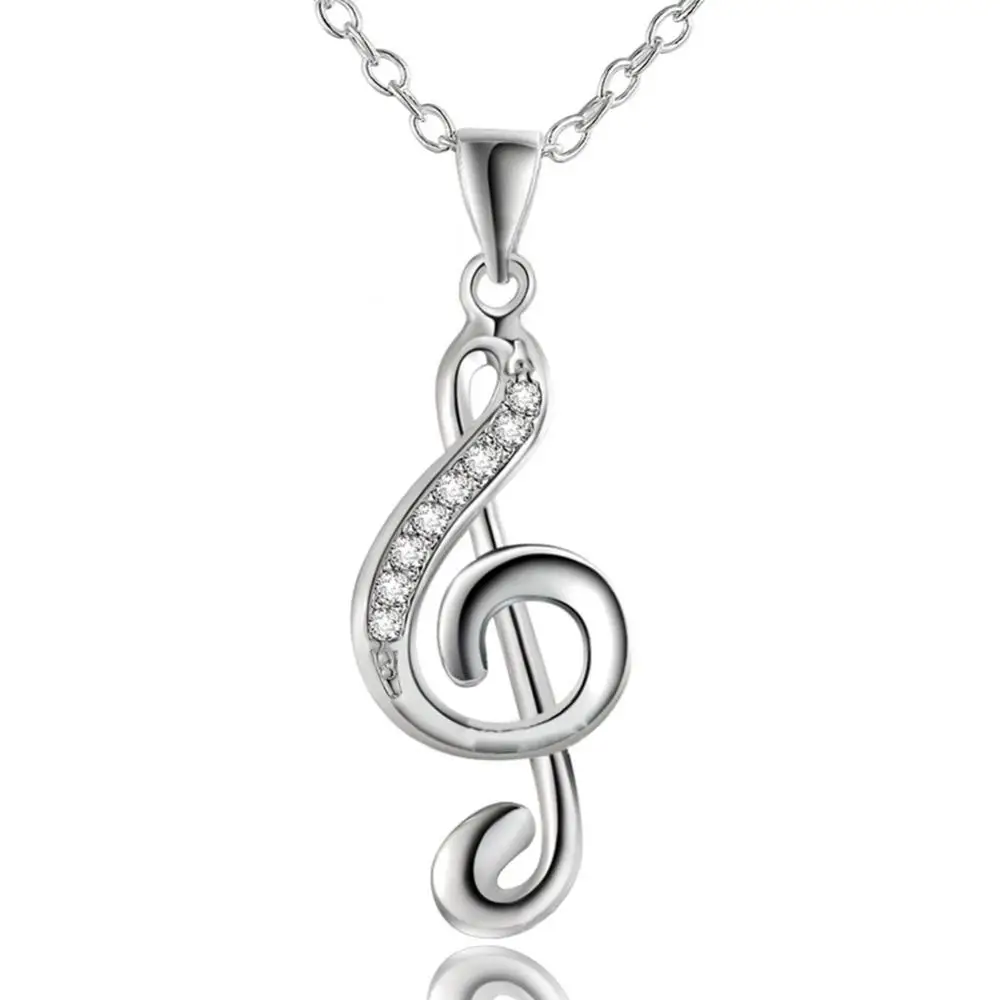 

70% Hot Sell Elegant Rhinestone Inlaid Silver Plated Musical Note Pendant Necklace Chain