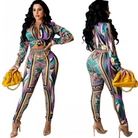 two piece set casual womens set 2022 new spring print woman full shirt top pant matching outfits lady office african clothing