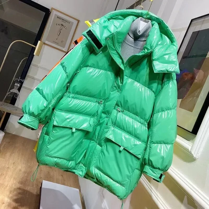 

Bright face down jacket women's medium length thickened loose hooded Student Korean bread jacket