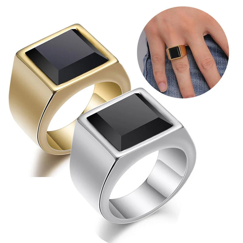 

Black Square Crystal Rhinestone Ring New High Polished Titanium Stainless Steel Non-fading Signet Ring for Men Party Jewelry