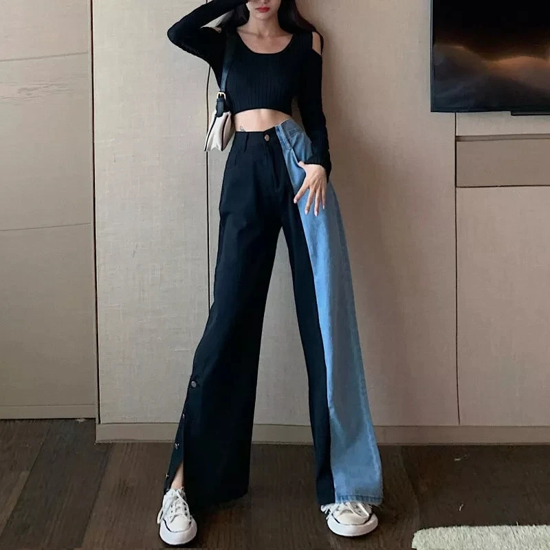 

2020 Band Women Jeans Pants Leisure Loose High Waist Vintage Wide Leg Split Street wear Simple Full-length Straight Trousers