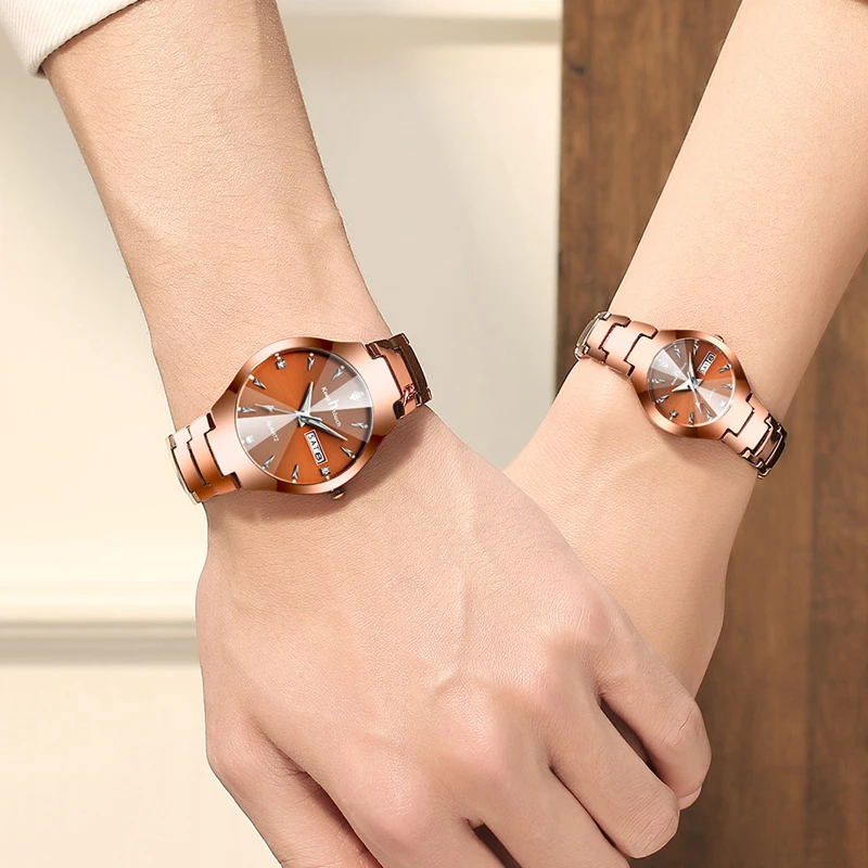 Часы наручные парные роскошные золотистые водонепроницаемые кварцевые из