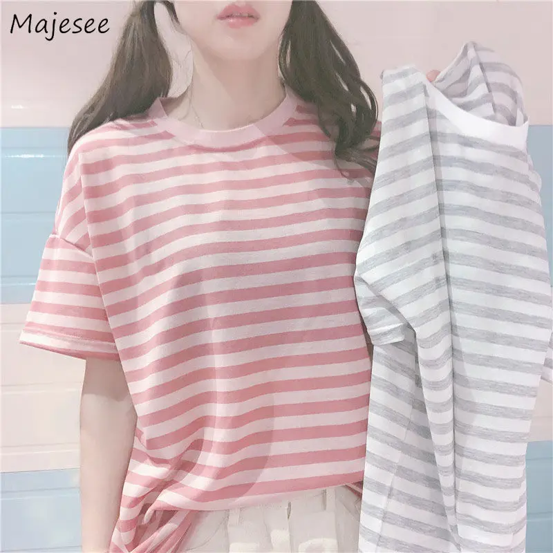 

Футболка женская базовая с коротким рукавом и круглым вырезом, милый классический топ в полоску в корейском стиле, простая повседневная мяг...