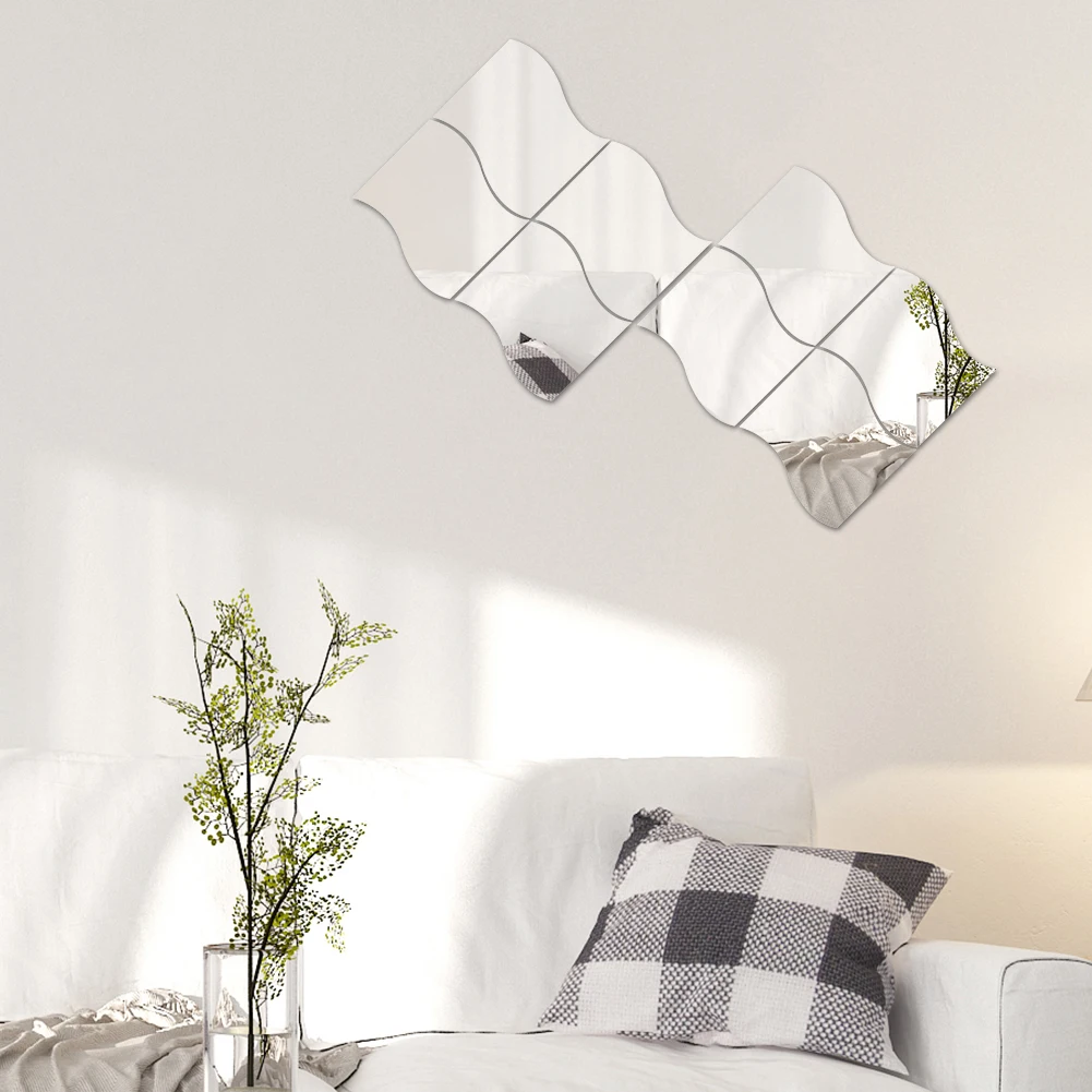 Зеркальные настенные наклейки 6 шт. 3D Волнистые квадратные клейкие для гостиной