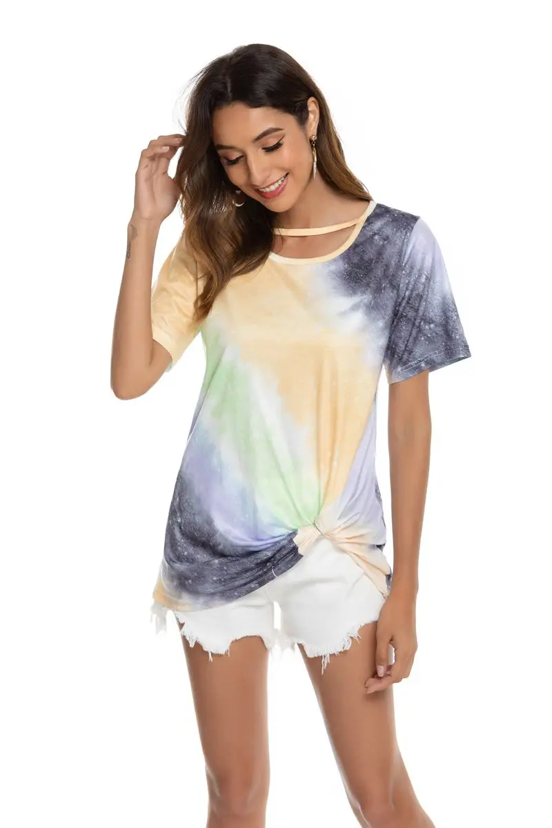 

Loose Casual Women Gradient Color Print Tshirt Short Sleeve Summer 2020 Fashion Knotted HemTie-dye Print Short T-Shirts Shirt