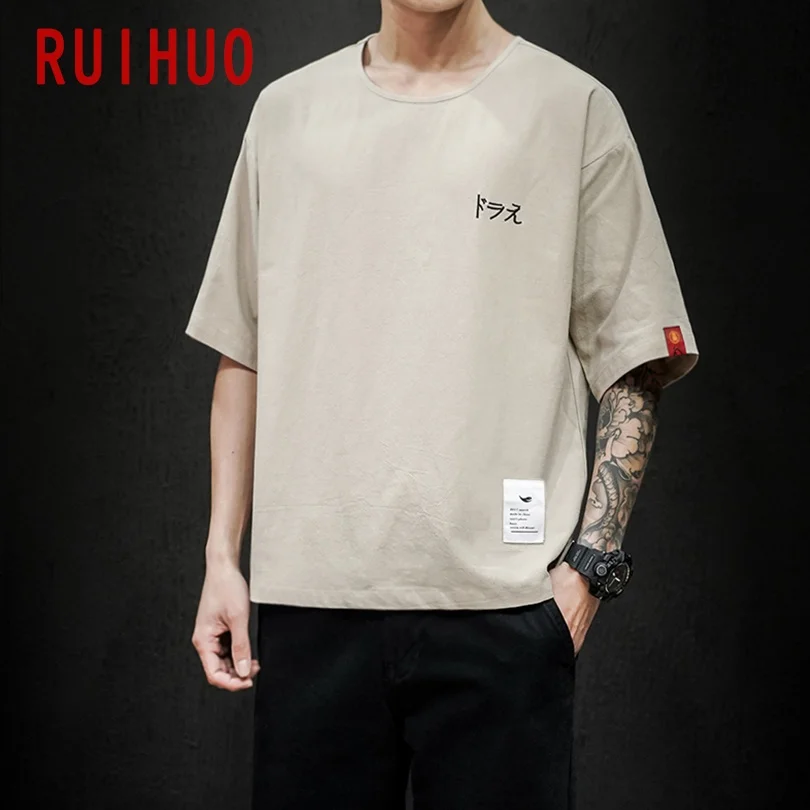 RUIHUO Japan Style Cotton T Shirt For Men Clothing Tee Japanese Streetwear Harajuku Hip Hop 5XL 2022 Summer | Мужская одежда
