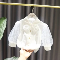 girls white shirt 2021 spring new female baby princess tops childrens mesh long sleeved shirt