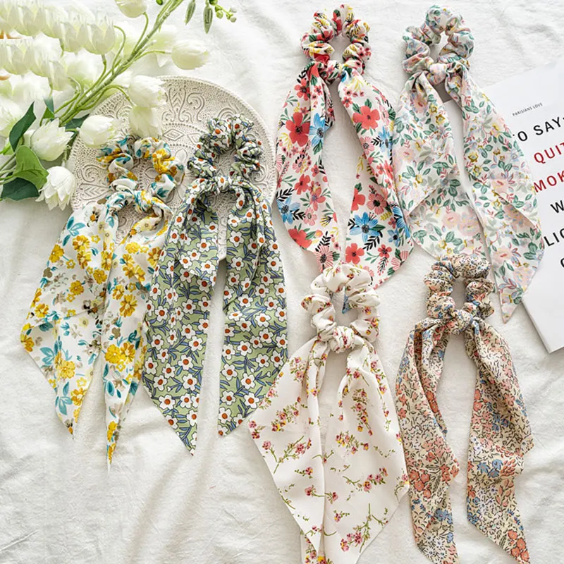 

New Bohemian Print Hair Scrunchies Bow Knot Scrunchy Women Girls Hair Ties Hair Accessories Sweet Floral Print Hair Scrunchies