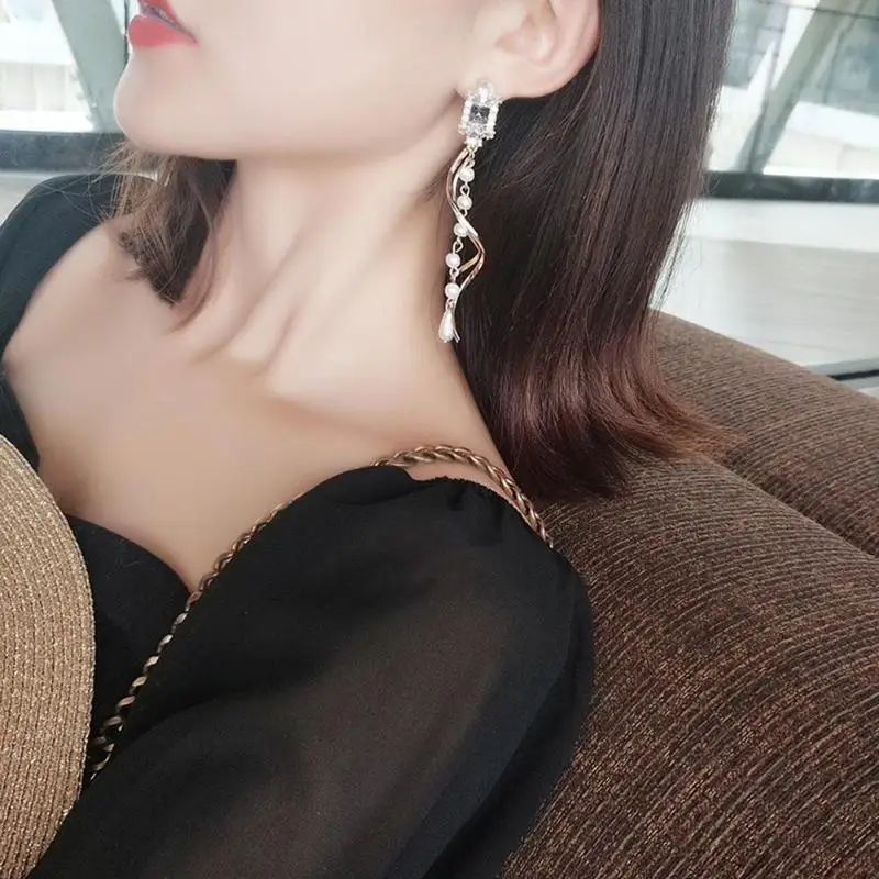 Long Crystal Pearl Dangle Earrings Women Alloy Electroplate Silver-plated Baitao Twisted Tassels Ear Drop Wedding Jewelry | Украшения и