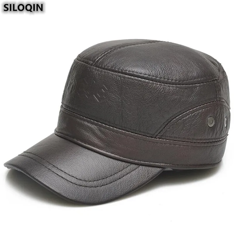 

SILOQIN New Genuine Leather Hat For Men Winter Fashion Cowhide Earmuffs Military Hats Adjustable Size Thermal Leisure Flat Cap