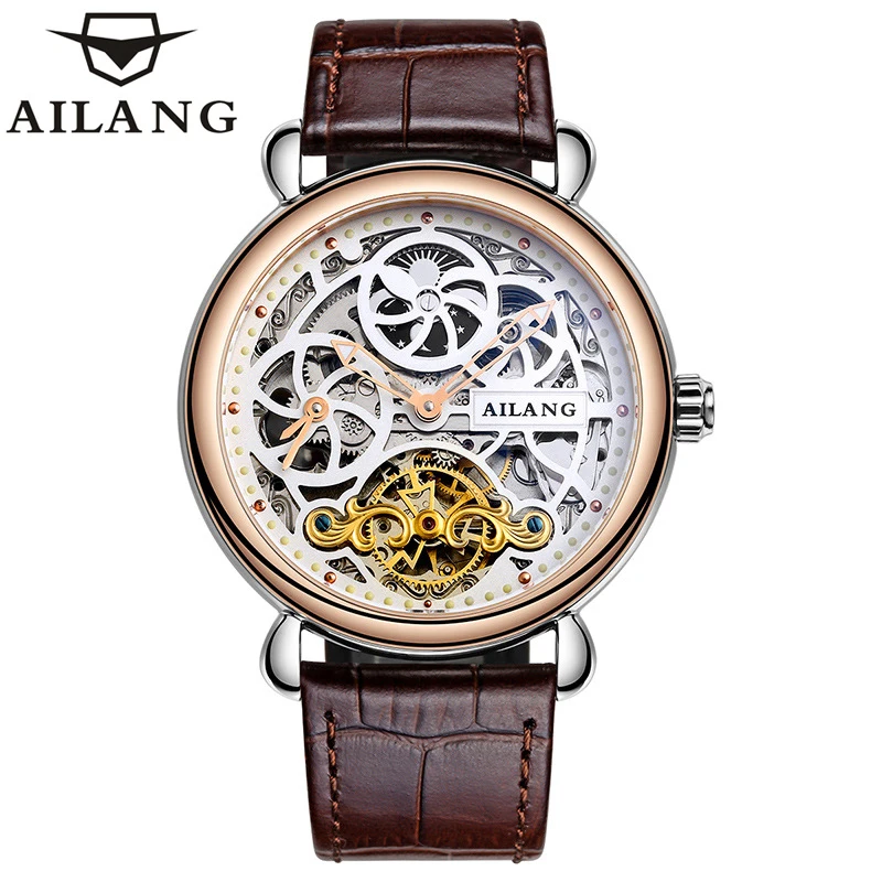 

AILANG Fashion Business Watch Men Fully Automatic Mechanical Leather Watch Hollow Dial Casual Mens Watches Waterproof Steampunk