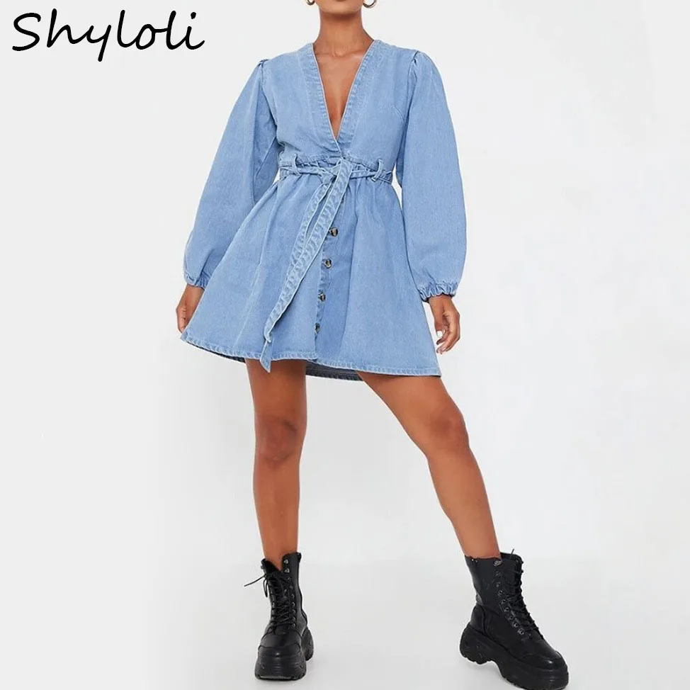 

Женское джинсовое платье Shyloli, стильный кардиган средней длины с длинными рукавами, V-образным вырезом и широкой юбкой, 2022