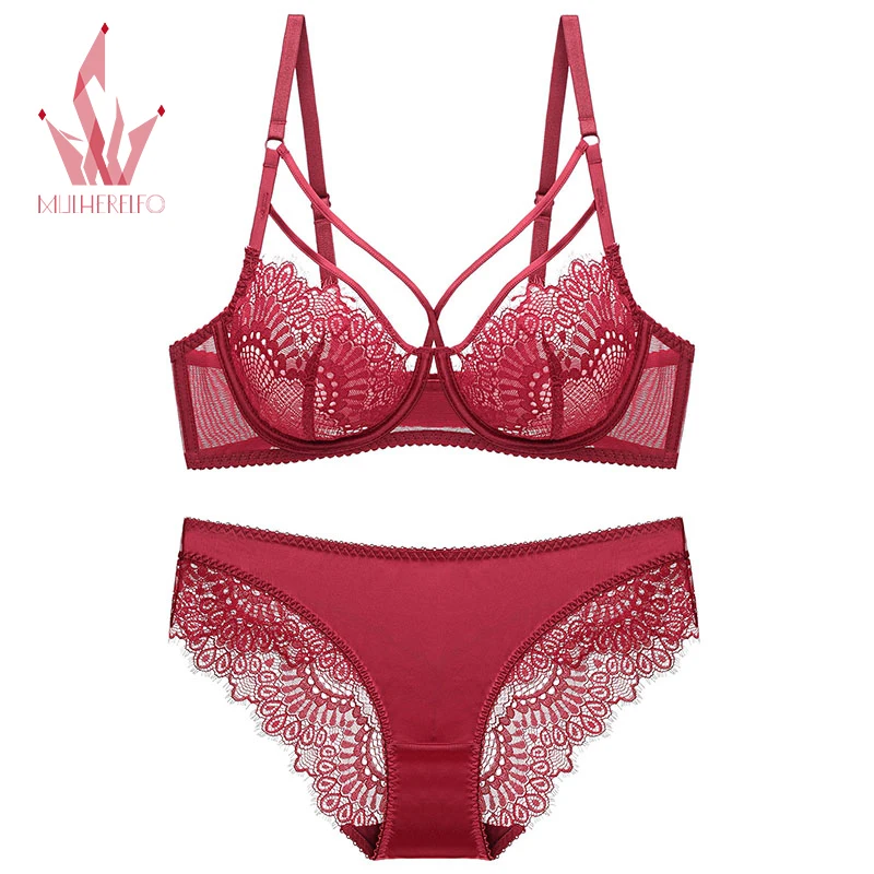 

Mulherelfo Red Lace Lingerie Women Sexy Bras Ultra Thin Seamless Transparent Underwear Sets Female Bralette Bra And Panties Sets