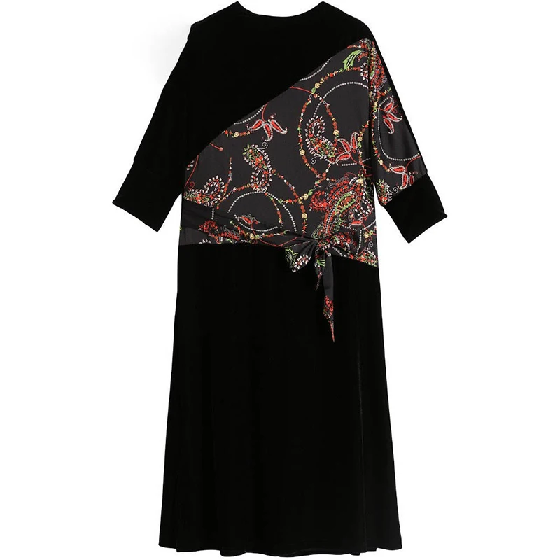 

Spliced Retro Print Sashes Black Velvet Dress Women Plus Size 4XL Three Quarter Batwing Sleeve Dress Elegant Loose Vestidos 2020