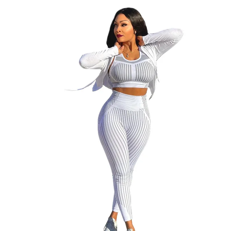 

Casual Women Tracksuits With Striped Printing 2021 Spring Lady Fashion High Waist Skinny Leggings + Sleeveless Tank Tops Outfits
