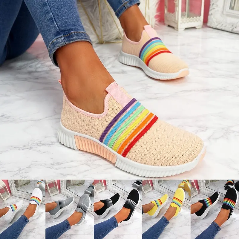 Новинка 2020 года Модные женские кроссовки радужного цвета Трикотажная сетчатая
