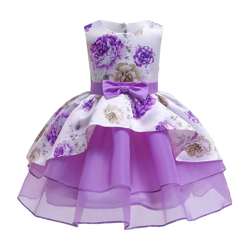 

New Floral Ball Gown Girls Dress for 3-5-7-9 Birthday Children Clothes Mesh Patchwork Fairy Princess Dress for Home Party