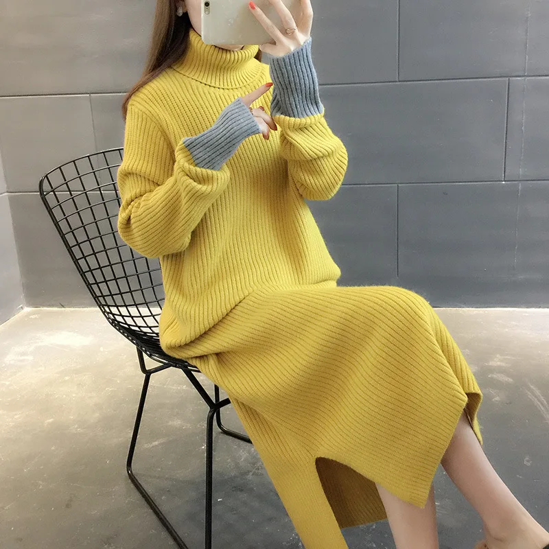 Длинная юбка-свитер с высоким воротником новая Корейская версия свободная