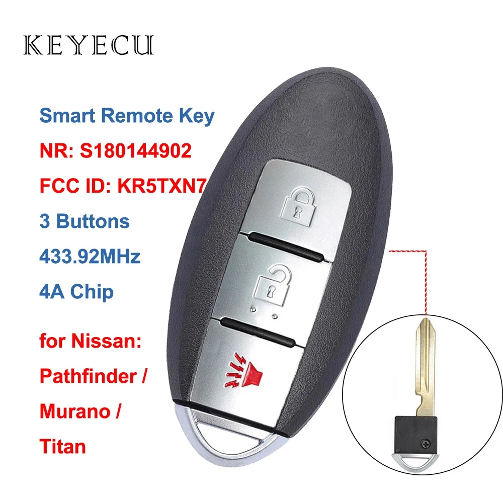 

Keyecu S180144902 Smart Remote Car Key Fob 3 Buttons 433.92MHz 4A for Nissan Pathfinder Murano Titan 2019 2020 FCC ID: KR5TXN7