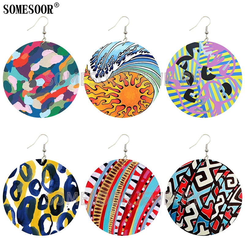 

SOMESOOR 2021 New Products Animalskin Watercolor Pattern Design Wooden Both Sides Print Cute Fashion Dangle Earrings For Women