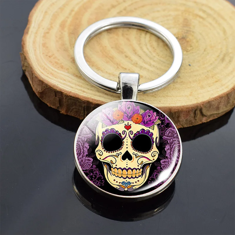 Брелок для ключей Skulls в стиле фолк арт с сахарным черепом двухсторонний