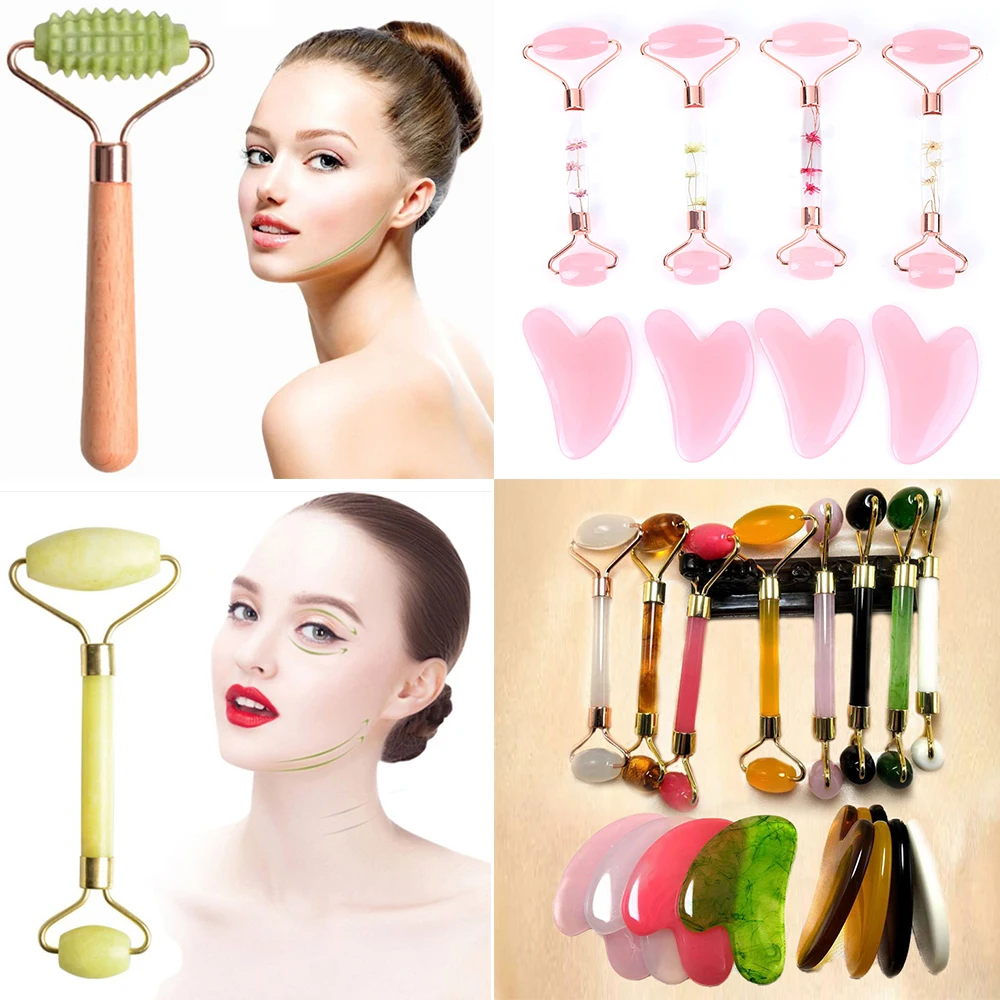 

Handmade Facial Massage Roller Double Heads Jade Stone Face Lift Body Slim Neck Thin Lift Massage Tool Guasha Scraping Board Set