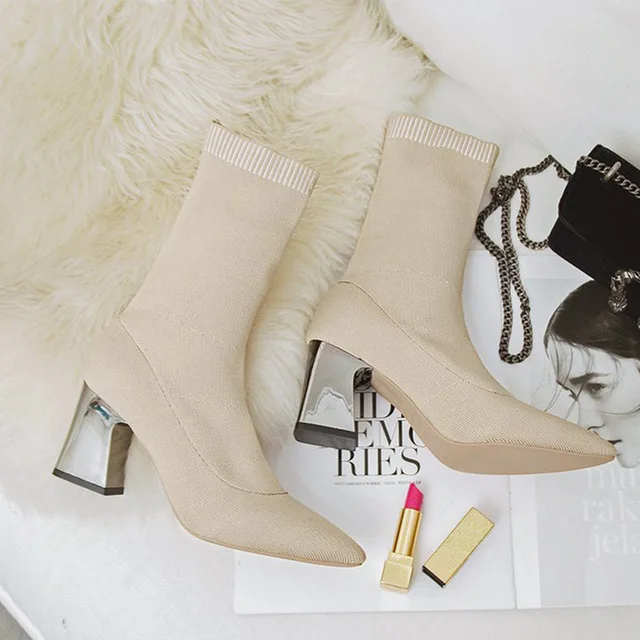 beige1 Женские вязаные эластичные весенние ботильоны на квадратном среднем каблуке; женские короткие ботинки с острым носком; Женская Повседневная модная обувь - Цвет: beige1