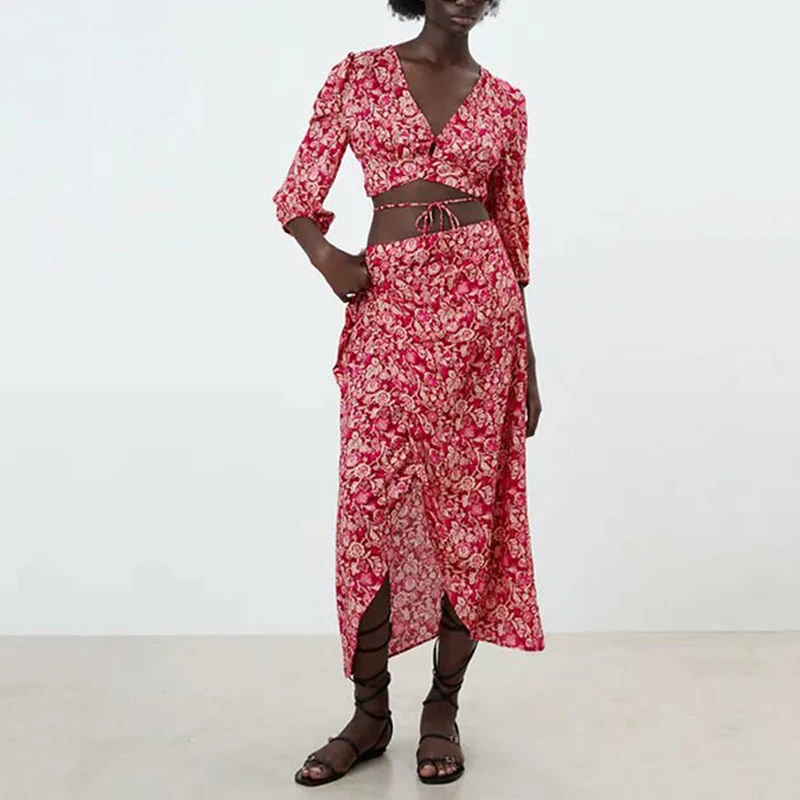 

Summer Women's Casual Printed V-neck Short Sleeve Short Shirt + High Waist Asymmetrical Skirt Set