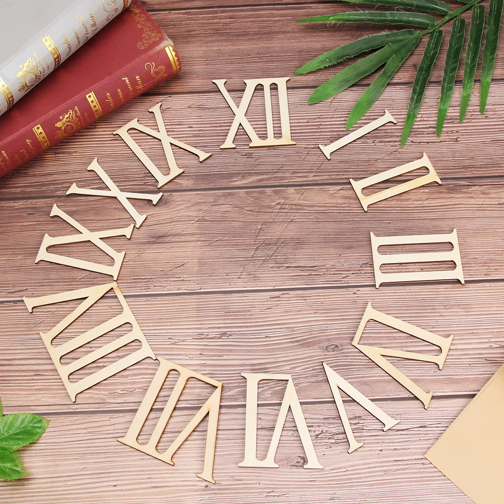 12Pcs/set 7cm Roman Digital Wooden Clock Accessories Numerals Wood Chip Parts DIY Laser Cut Crafts Pieces Home Decor - купить по