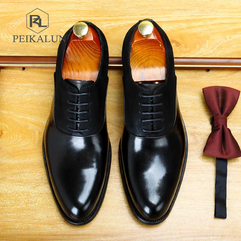 Мужские деловые туфли из натуральной кожи черные оксфорды на плоской подошве