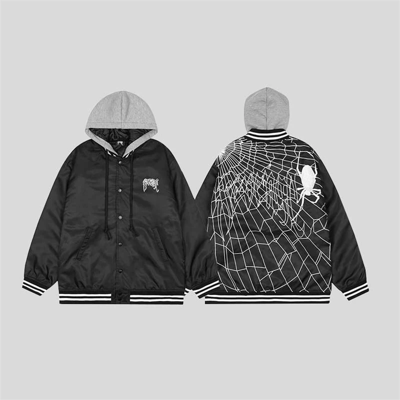 

2021FW Hip Hop Revenge Jackets Men Women 1:1 Superior Quality Spider Web Embroidered Hooded Jacket High Street Patchwork Coats