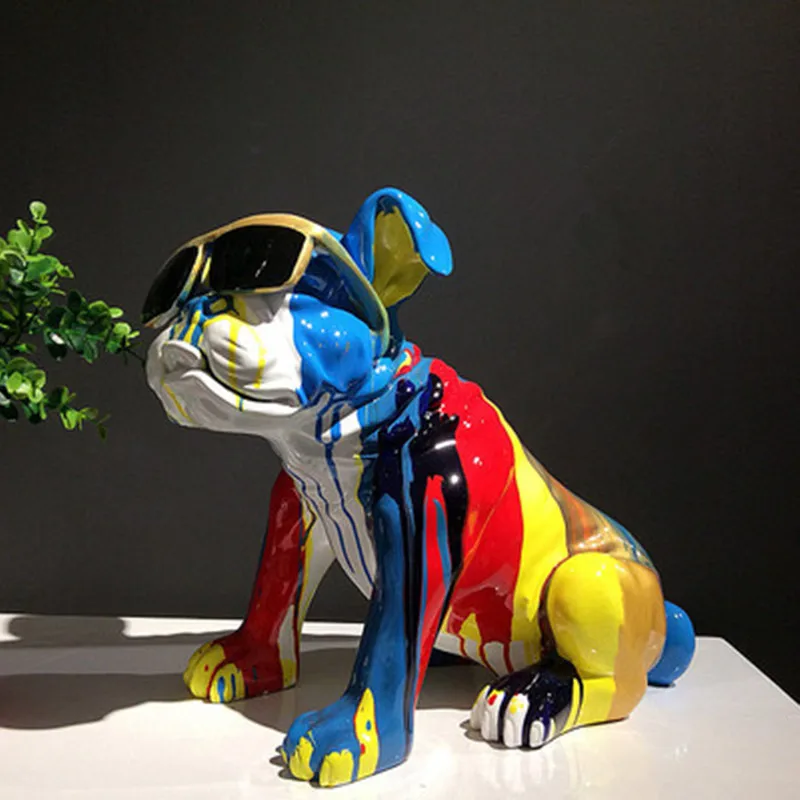 

FUN COLORED DRAWING WEAR GLASSES FRENCH BULLDOG HAND DRAWING RESIN INDIVIDUALITY SCULPTURE HOME DECOR GIFT X5748