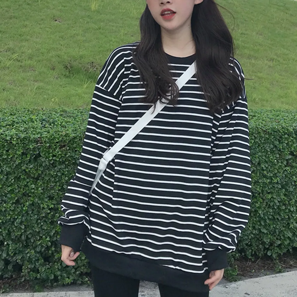Осенние толстовки для женщин 2019 с О образным вырезом в полоску Свободный Топ