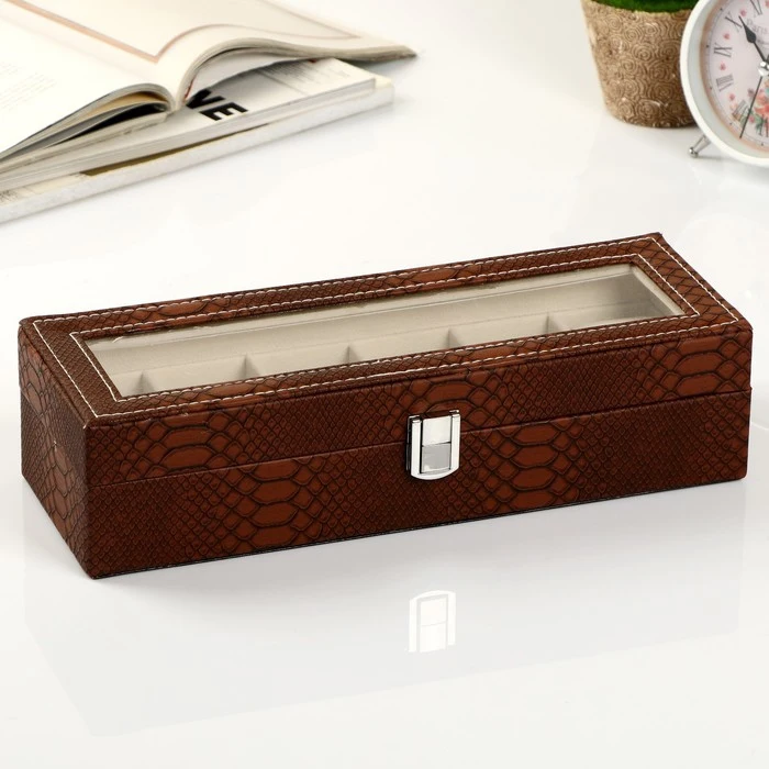 Шкатулка кожзам под часы 6 отделений Питон 11х31х7 5 см | Украшения и аксессуары