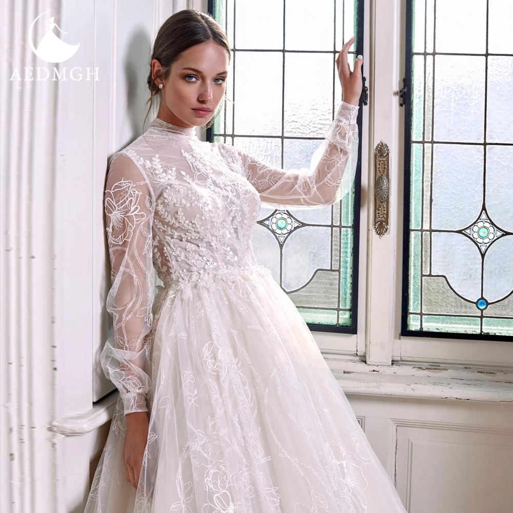 

Aedmgh бальное платье, Роскошные свадебные платья 2021, с высоким воротом, длинным рукавом, со шлейфом, кружевные аппликации, платье невесты из би...