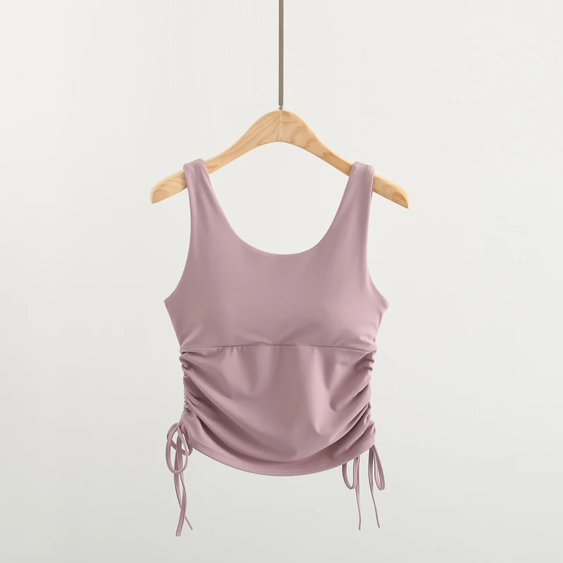 Nylon Drawstring Tank Top  Sleeveless Yoga Shirt  Women Compression Workout Top Sports Shirt with Padded Bra