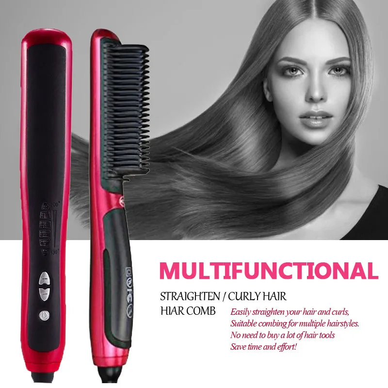 

Multifunctional Hair Straightening Brush Men Beard Straightener Heated Brush Ceramic Curler Hot Comb Straight Electric Hairbrush